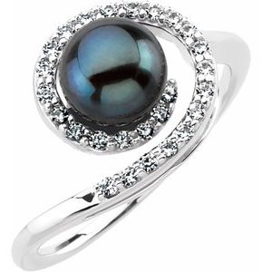 14K White Cultured Black Akoya Pearl & 1/4 CTW Natural Diamond Ring