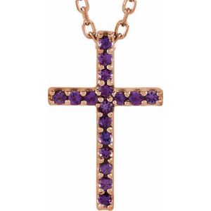 14K Rose Natural Amethyst Petite Cross 16" Necklace