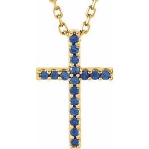 14K Yellow Natural Blue Sapphire Petite Cross 16" Necklace