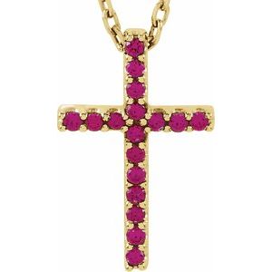 14K Yellow Natural Ruby Petite Cross 16" Necklace