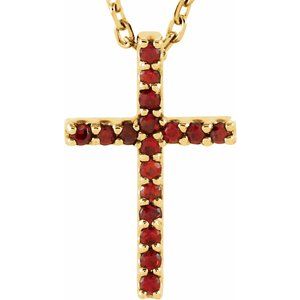 14K Yellow Natural Mozambique Garnet Petite Cross 16" Necklace