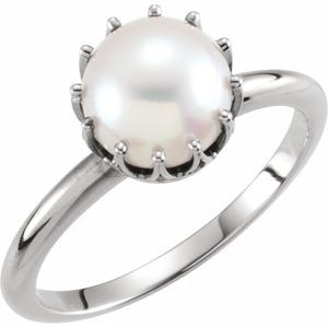 Platinum Cultured White Freshwater Pearl Crown Ring