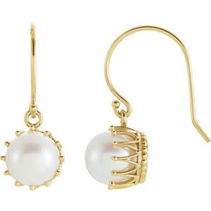 14K Yellow Cultured White Freshwater Pearl Crown Earrings