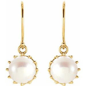 14K Yellow Cultured White Freshwater Pearl Crown Earrings