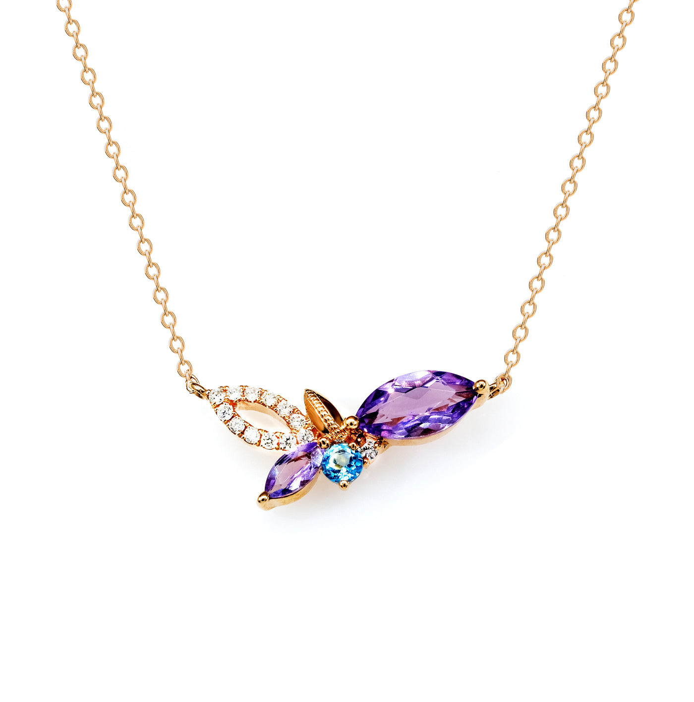 Rose Gold Necklace with Amethysts, Blue Topaz and Diamonds
