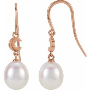 14K Rose Cultured White Freshwater Pearl Crescent Moon Earrings