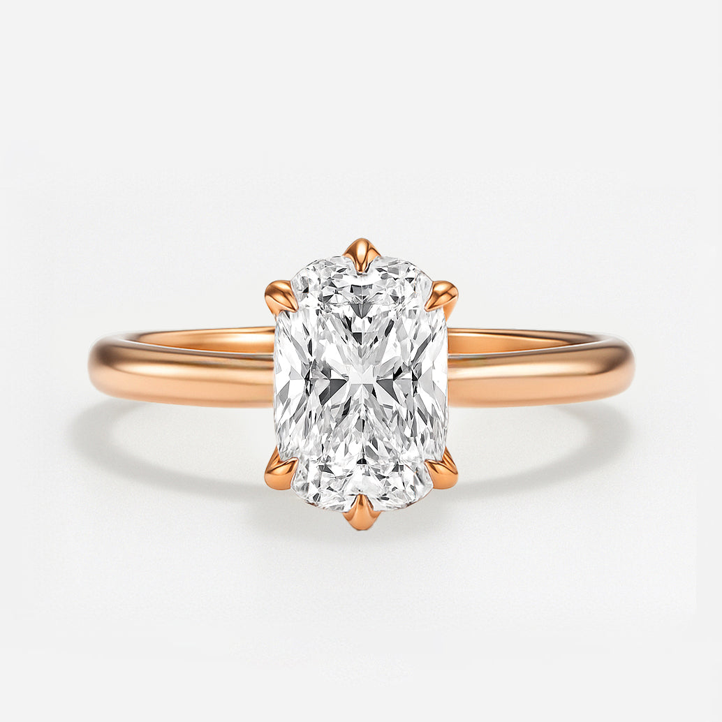The Aurelia Ring – Elongated Cushion Diamond Six-Claw Solitaire with Tulip Basket & Vintage Gallery