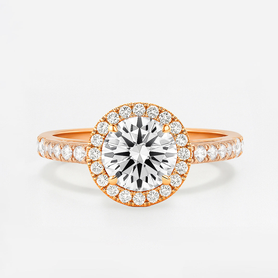The Juliana Ring – Diamond Halo Solitaire with Pavé Shoulders