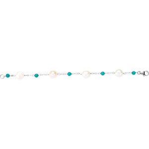 Sterling Silver Cultured White Freshwater Pearl & Natural Turquoise Station 7 1/2" Bracelet