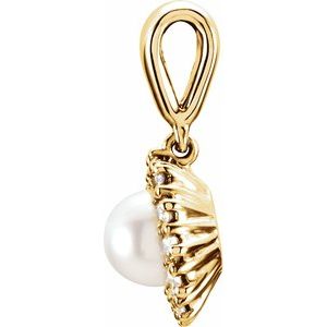 14K Yellow Cultured White Freshwater Pearl & 1/3 CTW Natural Diamond Pendant