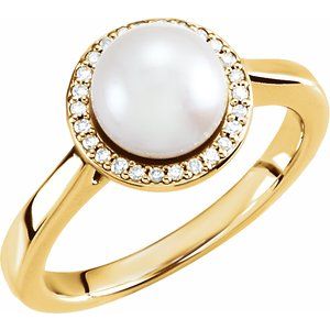 14K Yellow Cultured White Freshwater Pearl & .06 CTW Natural Diamond Halo-Style Ring
