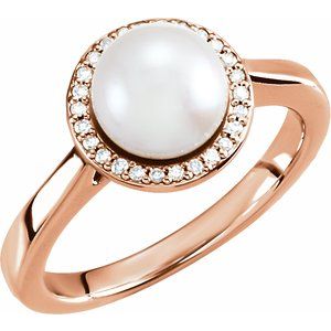 Rose Gold Cultured White Freshwater Pearl & .06 CTW Natural Diamond Halo-Style Ring
