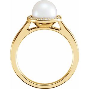 14K Yellow Cultured White Freshwater Pearl & .06 CTW Natural Diamond Halo-Style Ring