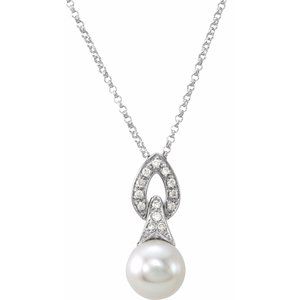 14K White Freshwater White Cultured Pearl & .08 CTW Natural Diamond 18" Necklace