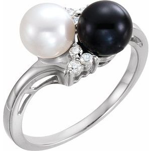 14K White Cultured Black & White Akoya Pearl & 1/10 CTW Natural Diamond Ring