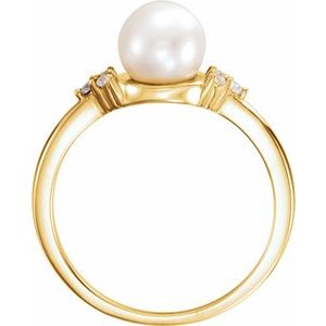 14K Yellow 7.5-8 mm Cultured Freshwater White Pearl & 1/10 CTW Natural Diamond Ring