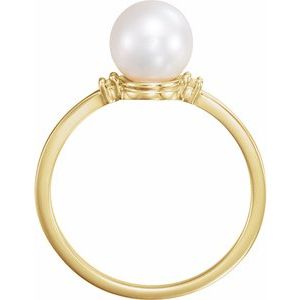 14K Yellow Cultured White Freshwater Pearl & .025 CTW Natural Diamond Ring