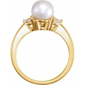 14K Yellow Cultured White Akoya Pearl & 1/6 CTW Natural Diamond Ring