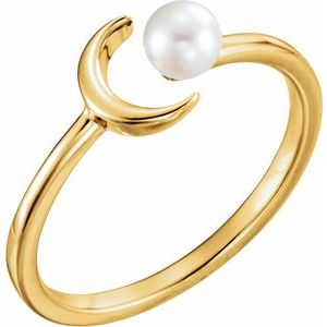 14K Yellow Cultured White Freshwater Pearl Crescent Moon Ring