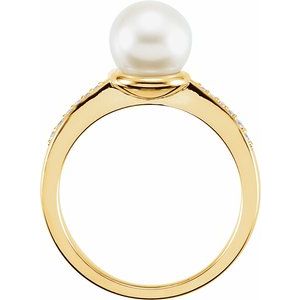 14K White Cultured White Freshwater Pearl & .06 CTW Natural Diamond Ring