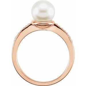 14K Rose Cultured White Freshwater Pearl & .06 CTW Natural Diamond Ring