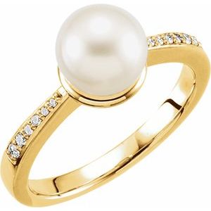 14K White Cultured White Freshwater Pearl & .06 CTW Natural Diamond Ring