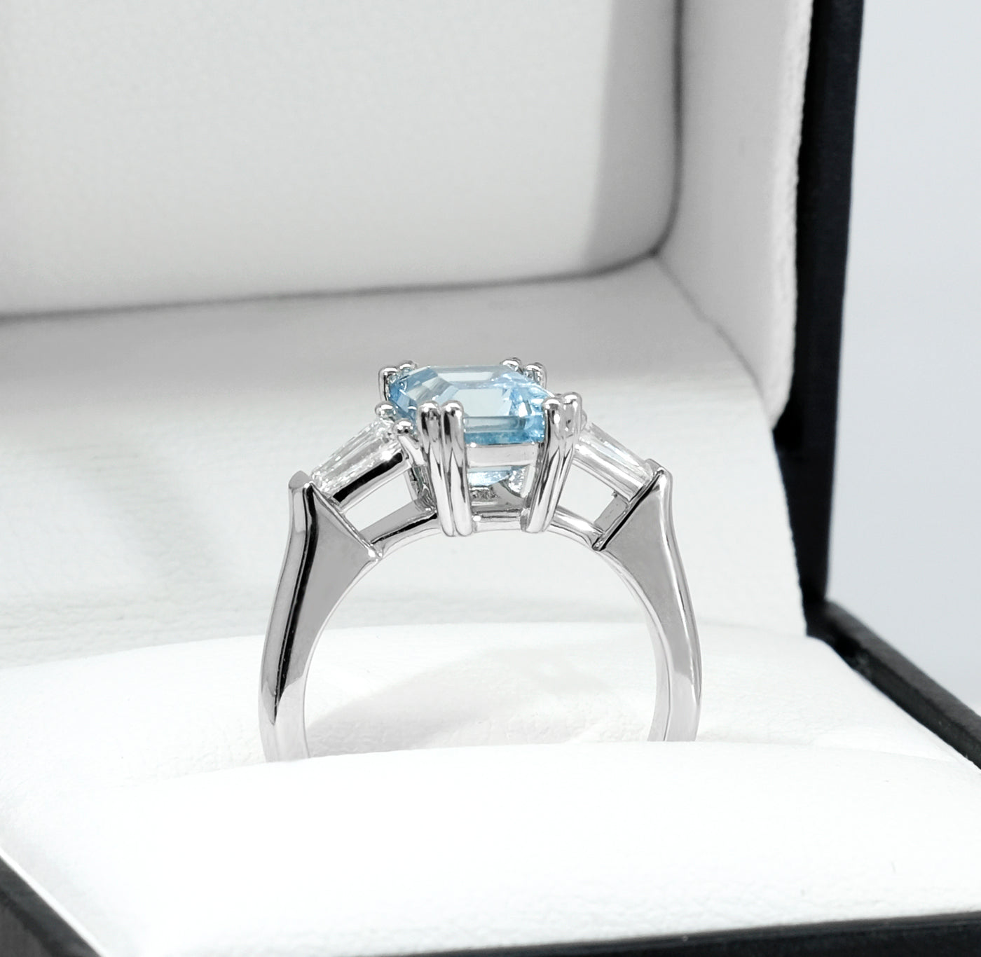 Platinum Emerald-Cut Aquamarine Three-Stone Ring with Tapered Baguette Lab Grown Diamond Sides