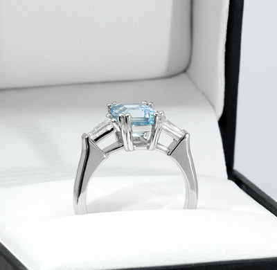 Platinum Emerald-Cut Aquamarine Three-Stone Ring with Tapered Baguette Lab Grown Diamond Sides