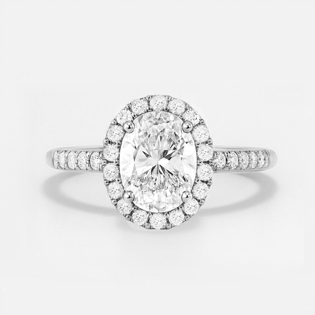 The Rosalie Ring – Oval Diamond Engagement Ring with Halo and Pave Band