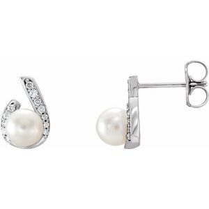 Platinum Cultured White Freshwater Pearl & 1/10 CTW Natural Diamond Earrings