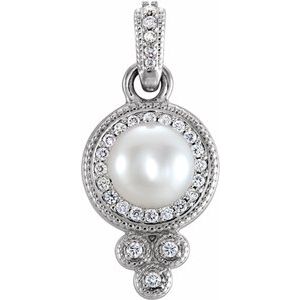 Platinum Cultured White Freshwater Pearl & 1/8 CTW Natural Diamond Pendant