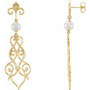 14K Yellow Cultured White Akoya Pearl Fleur-De-Lis Scroll Earrings