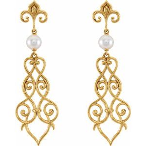 14K Yellow Cultured White Akoya Pearl Fleur-De-Lis Scroll Earrings