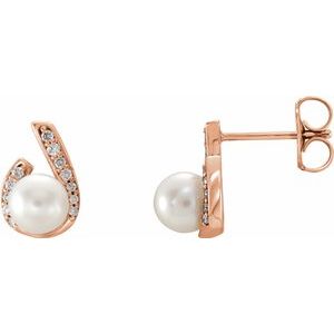 14K Rose Cultured White Freshwater Pearl & 1/10 CTW Natural Diamond Earrings