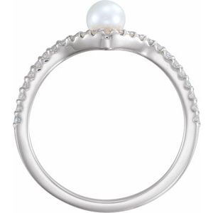 14K White Cultured White Freshwater Cultured Pearl & 1/6 CTW Natural Diamond V Ring