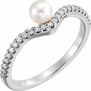 14K White Cultured White Freshwater Cultured Pearl & 1/6 CTW Natural Diamond V Ring