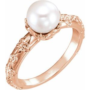 14K Rose Cultured White Freshwater Pearl & .02 CTW Natural Diamond Ring