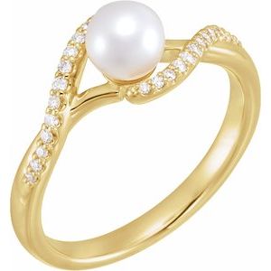 14K Yellow Cultured White Freshwater Pearl & 1/10 CTW Natural Diamond Ring