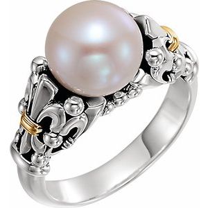 Sterling Silver & 14K Yellow Cultured White Freshwater Pearl Fleur-de-lis Ring