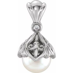 14K White Cultured Freshwater Pearl & .02 CTW Natural Diamond Fleur-de-lis Pendant