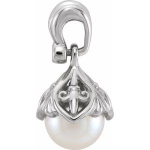 14K White Cultured Freshwater Pearl & .02 CTW Natural Diamond Fleur-de-lis Pendant