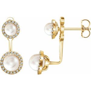 14K Yellow Cultured White Freshwater Pearl & 1/5 CTW Natural Diamond Halo-Style Earrings