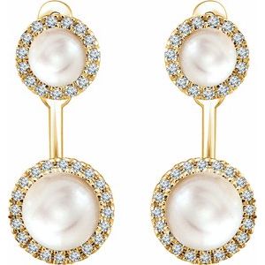 14K Yellow Cultured White Freshwater Pearl & 1/5 CTW Natural Diamond Halo-Style Earrings