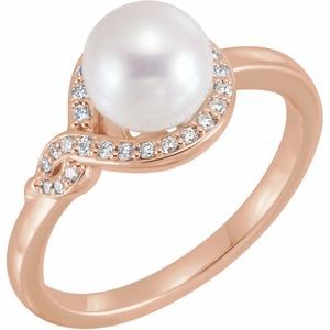 14K Rose Cultured White Freshwater Pearl & 1/8 CTW Natural Diamond Bypass Ring