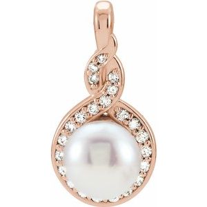 14K Rose Cultured White Akoya Pearl & 1/10 CTW Natural Diamond Pendant