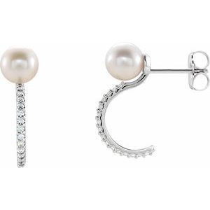 Sterling Silver Cultured White Freshwater Pearl & 1/6 CTW Natural Diamond Hoop Earrings