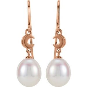 14K Rose Cultured White Freshwater Pearl Crescent Moon Earrings