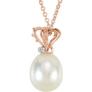 14K Rose/White Cultured White Freshwater Pearl & .015 CTW Natural Diamond Crown 18" Necklace