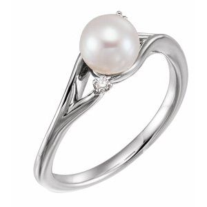 14K White Cultured White Freshwater Pearl & .03 CTW Natural Diamond Bypass Ring