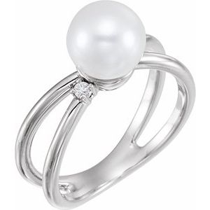 Sterling Silver Cultured White Freshwater Pearl & .04 CTW Natural Diamond Ring